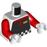 Деталь LEGO Torso, Black Racing Suit, Black/White Checkered, Red Collar print, Red Arms, White Hands, Белый
