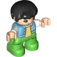 Деталь LEGO Duplo Figure Child, Hair Combed Forward with Curl Black, Bright Green Legs, Bright Light Yellow Under Shirt, Jacket, Hearing Aids Print, Ярко-зеленый