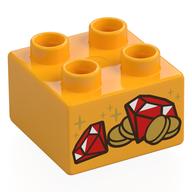 Деталь LEGO Duplo Brick 2 x 2 with Coins and Red Gems (Jewels) Print, Ярко-светло-оранжевый