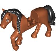 Деталь LEGO Animal, Horse with Raised Leg, Black Braided Mane and Tail print, Темно-оранжевый