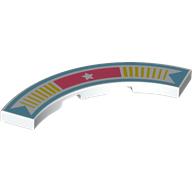 Деталь LEGO Tile 4 x 4 Curved, Macaroni with Medium Azure Border, Coral Rectangle with Star, Yellow Stripes print, Белый