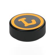 Деталь LEGO Tile Round 1 x 1 with Bright Light Orange Circle, 'L' print, Черный