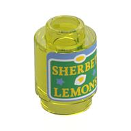Деталь LEGO Brick Round 1 x 1 Open Stud with Jar, 'SHERBET LEMONS', Green Background, Sand Blue Border print, Прозрачный желтый