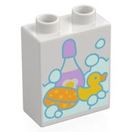 Деталь LEGO Duplo Brick 1 x 2 x 2 with Bottom Tube with Bubbles, Sponge, Rubber Duck, and Bottle of Shampoo Print, Белый