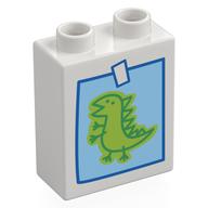 Деталь LEGO Duplo Brick 1 x 2 x 2 with Bottom Tube with Childs Drawing of a Dinosaur Print, Белый
