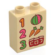 Деталь LEGO Duplo Brick 1 x 2 x 2 with Bottom Tube with '1', '2', '3', Jam Jars, Carrots, and Watermelon Print, Песочный