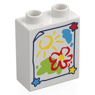 Деталь LEGO Duplo Brick 1 x 2 x 2 with Bottom Tube with Childs Drawing of a Flower and Sun Print, Белый