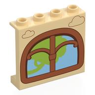 Деталь LEGO Panel 1 x 4 x 3 [Side Supports / Hollow Studs] with Nougat Window, Green Tree, Medium Blue Background print, Песочный