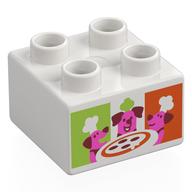 Деталь LEGO Duplo Brick 2 x 2 with Dark Pink Dogs, Pizza, Lime/Reddish Orange Background print, Белый