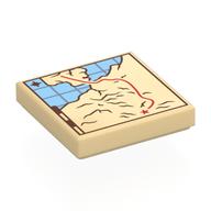 Деталь LEGO Tile 2 x 2 with Map, Medium Blue Water, Dark Red Line, X print, Песочный