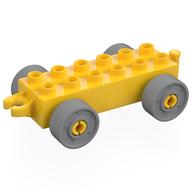 Деталь LEGO Duplo Car Base 2 x 6 with Open Hitch End and Light Bluish Gray Wheels with Fake Bolts, Желтый