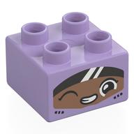 Деталь LEGO Duplo Brick 2 x 2 with Race Driver, Nougat Face, Black Visor print, Лавандовый