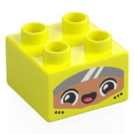 Деталь LEGO Duplo Brick 2 x 2 with Race Driver, Nougat Face, Dark Bluish Grey Visor print, Насыщенный желтый
