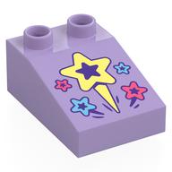 Деталь LEGO Duplo Brick 3 x 2 Slope 33° with Coral, Medium Blue, Bright Light Yellow Stars print, Лавандовый