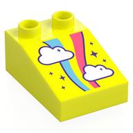 Деталь LEGO Duplo Brick 3 x 2 Slope 33° with White Clouds, Coral/Medium Blue Rainbow, Stars print, Насыщенный желтый