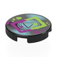 Деталь LEGO Tile Round 2 x 2 with Vinyl Record, Metallic Light Blue Grooves, Center, Lime/Magenta Rectangle, Splotches print, Черный
