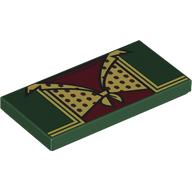 Деталь LEGO Tile 2 x 4 with Dark Green Jacket, Gold Trim, Dark Red Shirt, Bright Yellow Blouse print, Темно-зеленый