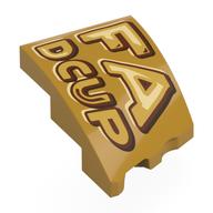 Деталь LEGO Brick Wedged, Curved 3 x 2 with Stud Notch Left with 'FA', 'DCUP' print, Жемчужно-золотой