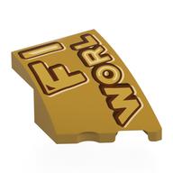 Деталь LEGO Brick Wedged, Curved 3 x 2 with Stud Notch Right with 'FI', 'WORL' print, Жемчужно-золотой
