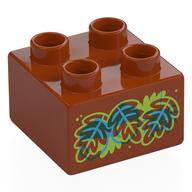 Деталь LEGO Duplo Brick 2 x 2 with Red, Blue, Lime Leaves, Acorns print, Темно-оранжевый