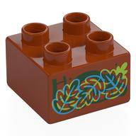 Деталь LEGO Duplo Brick 2 x 2 with Red, Blue, Lime Leaves, Hidden Picture print, Темно-оранжевый
