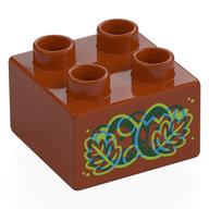 Деталь LEGO Duplo Brick 2 x 2 with Red, Blue, Lime Leaves, Eggs print, Темно-оранжевый