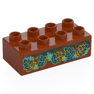 Деталь LEGO Duplo Brick 2 x 4 with Red, Blue, Lime Leaves, Hidden Picture print, Темно-оранжевый