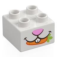 Деталь LEGO Duplo Brick 2 x 2 with Bright Pink Bunny Nose, Mouth, Carrot print, Белый