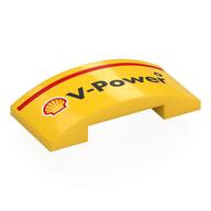 Деталь LEGO Brick Curved 4 x 2 Double with Black Shell 'V-Power', Red Stripe print, Желтый