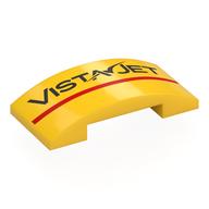 Деталь LEGO Brick Curved 4 x 2 Double with Black 'VISTA JET', Red Stripe print, Желтый