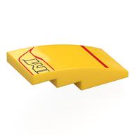 Деталь LEGO Brick Curved 4 x 2 No Studs with Red Lines, Black 'M' print, Желтый