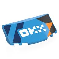 Деталь LEGO Windscreen, Curved 6 x 2 x 2 with Black, Orange, Dark Blue Shapes, White 'OKX' print, Темно-лазурный