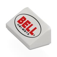 Деталь LEGO Brick Sloped 30° 1 x 2 x 2/3 with Red 'BELL', Black 'HELMETS' in Black Oval print, Белый