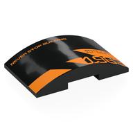 Деталь LEGO Brick Curved 4 x 6 Double, 2 x 4 Cutout with Orange 'NEVER STOP BUILDING', '1963', 'BRUCE / MRL Est. 1963' print, Черный