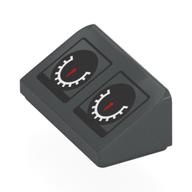 Деталь LEGO Brick Sloped 30° 1 x 2 x 2/3 with Black Speedometers, White Scales, Red Needles print, Темный сине-серый