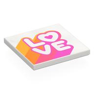 Деталь LEGO Tile 4 x 4 with Dark Pink 'LOVE', Bright Light Orange/Orange/Dark Pink Stripes print, Белый