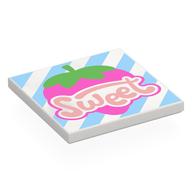 Деталь LEGO Tile 4 x 4 with Warm Pink 'SWEET', Strawberry, Bright Light Blue Stripes print, Белый