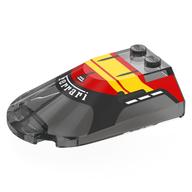 Деталь LEGO Windscreen 4 x 6 x 1 1/3 with Black Cockpit, Red/Yellow Roof, White 'Ferrari' print, Прозрачный черный