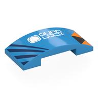 Деталь LEGO Brick Curved 4 x 2 Double with Orange/Dark Blue/Black Shapes, White 'QUAD LOCK' print, Темно-лазурный