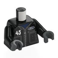 Деталь LEGO Torso, Racing Jacket, Silver '43', 'BLOCK', Metal Blue 'DERELICT' on Black print, Black Arms, Dark Bluish Gray Hands, Черный