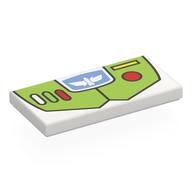 Деталь LEGO Tile 2 x 4 with Lime Armour, White/Red/Yellow Buttons, Bird on Medium Blue Background print (Buzz Lightyear), Белый