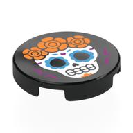 Деталь LEGO Tile Round 2 x 2 with Calavera (Skull) with Orange Flowers Print, Черный