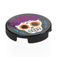 Деталь LEGO Tile Round 2 x 2 with Calavera (Skull) with Magenta Flowers Print, Черный