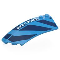 Деталь LEGO Brick Wedged, Curved 8 x 3 x 2 Open Left with Dark Blue Shapes, White 'OSCAR' print, Темно-лазурный