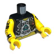 Деталь LEGO Torso, Jacket, White Shirt with Dark Turquoise Shark, Tattoos print with Yellow Arms and Hands, Черный