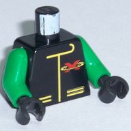 Деталь LEGO Torso Extreme Team Jacket with Red X Logo on Back Print, Green Arms, Black Hands, Черный