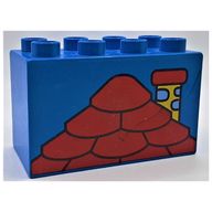 Деталь LEGO Duplo Brick 2 x 4 x 2 with Red Roof and Yellow Chimney Print, Голубой