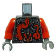 Деталь LEGO Torso Amor, Metallic Silver with Clock and Large Red Snake with White Fangs on Back Print, Red Arms, Dark Bluish Gray Hands, Жемчужный титановый