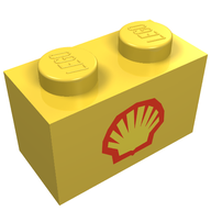 Деталь LEGO Brick 1 x 2 with Shell Logo Small Print, Желтый