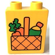 Деталь LEGO Duplo, Brick 1 x 2 x 2 with Picnic Basket with Carrots and Drinks Bottle Print, Желтый